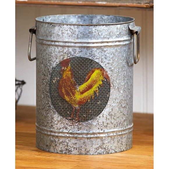 Down On The Farm Rooster Galvanized Can Utensil Holder Storage Two Handles Gift - Picture 1 of 3